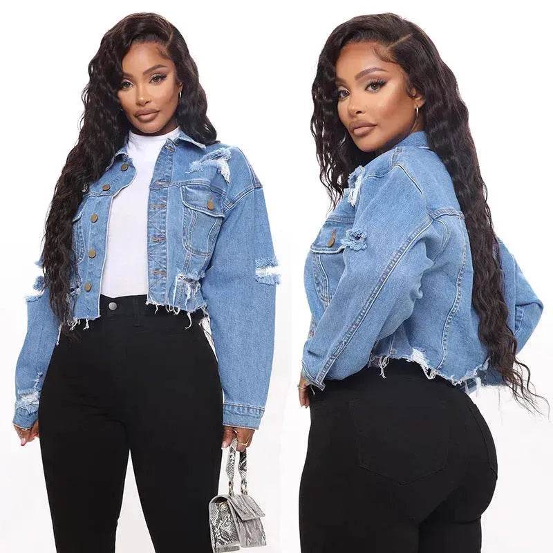 Fashionable Ripped Long sleeve Denim Jeans Crop jacket women short denim jacket oversized cropped denim jacket - EX-STOCK Canada