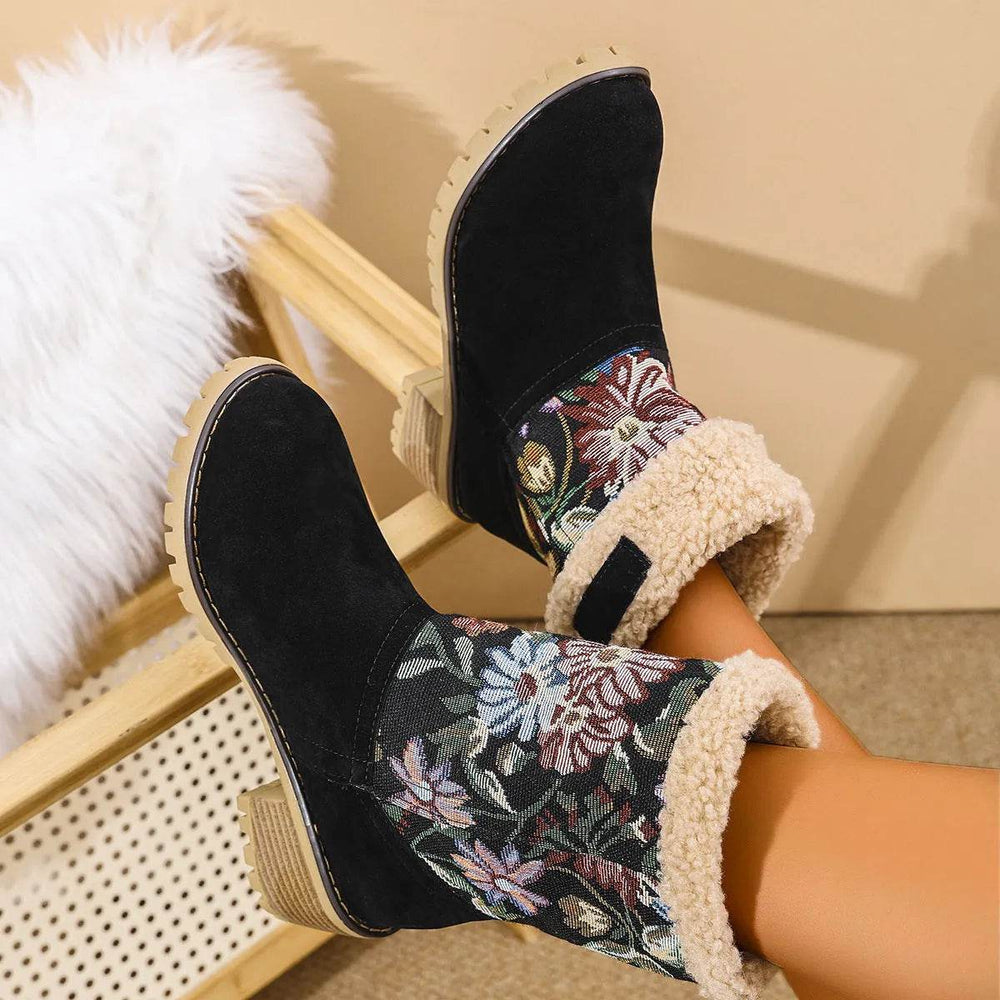 Flowers Embroidered Snow Boots Ethnic Style Platform Thick Square Heel Mid-tube Boot Winter Warm Cotton Shoes For Women - EX-STOCK Canada