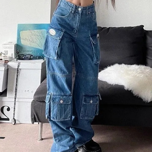 Blue Denim Pant Baggy Boyfriend Cargo Jeans for Women