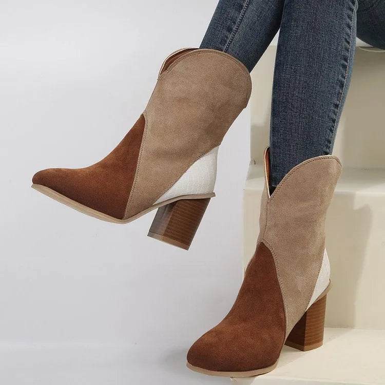 Fashion Splicing Suede Boots Retro Pointed-toe Square High Heel Mid-calf Boots For Women Fall And Winter Shoes - EX-STOCK Canada