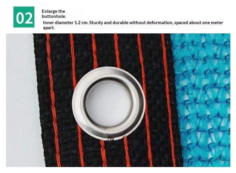 Close-up of a metal buttonhole with a white center, shown on a black woven strap with red stripes next to a blue textured panel. Text at the top explains enlarging the buttonhole and mentions inner diameter 1.