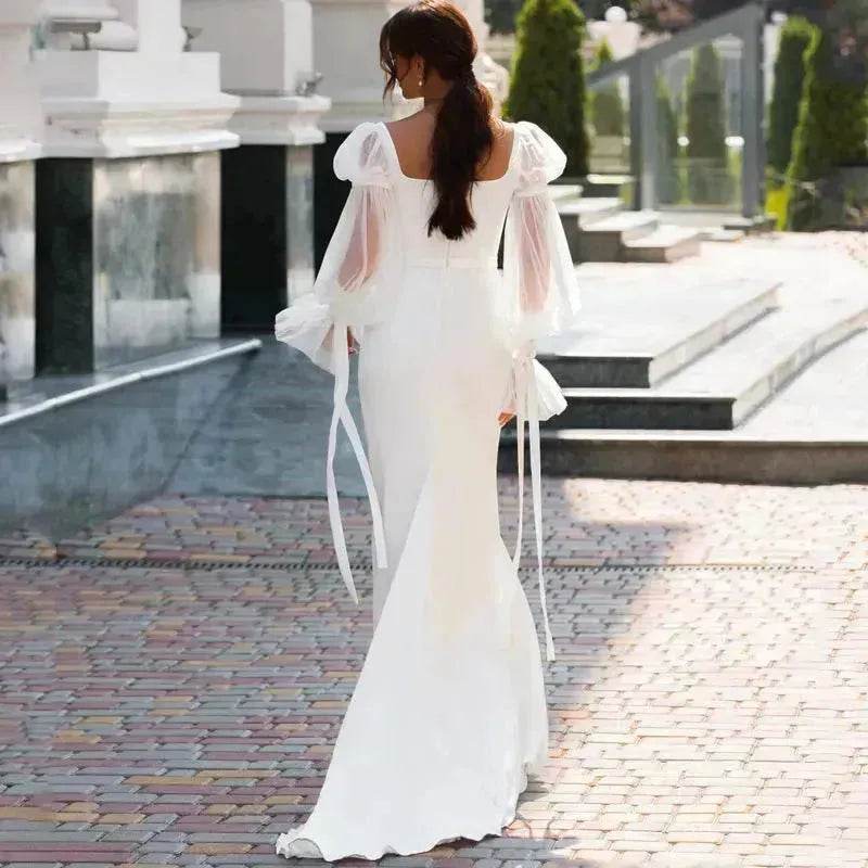 Women's Ruffled Long Sleeve Banquet Temperament High Waist Mop White Wedding Party Fish Tail Styled Dress Mermaid Dress - EX-STOCK Canada