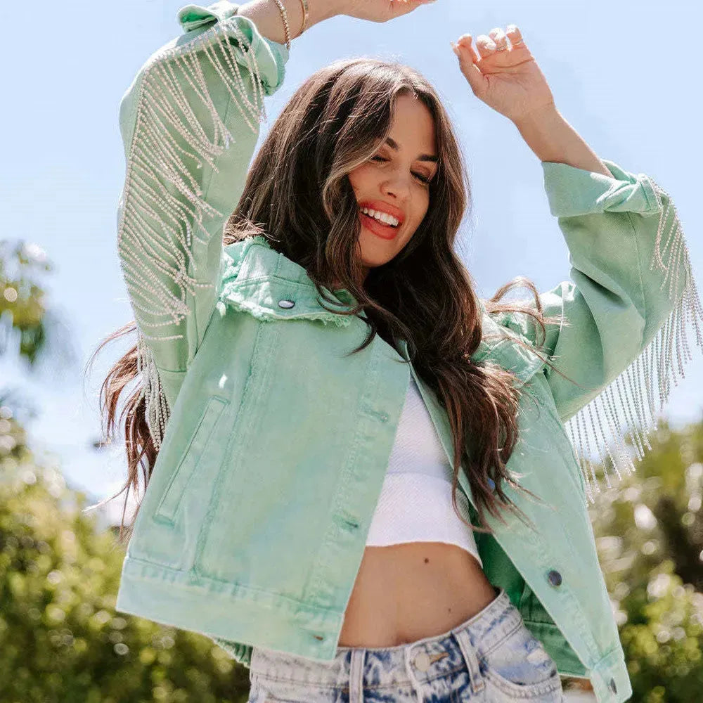 Autumn And Winter Casual Loose-fitting Tassel Chain Denim Jacket For Women - EX-STOCK CANADA