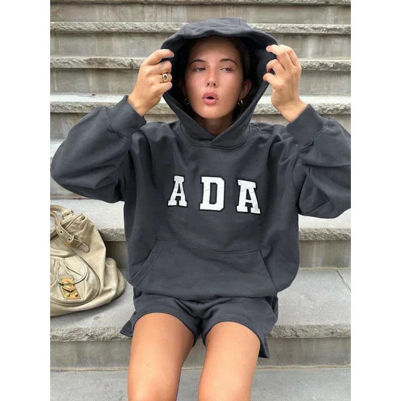 Felpa con cappuccio casual e versatile con lettere, linea ampia, con fodera in pile per donnaEX-STOCK Canada