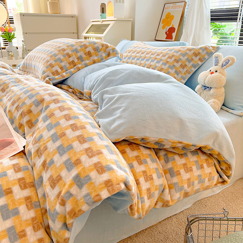 Nordic Striped Coral Fleece Duvet Cover Flannel Sheet Cover Three-piece Set EX-STOCK Canada