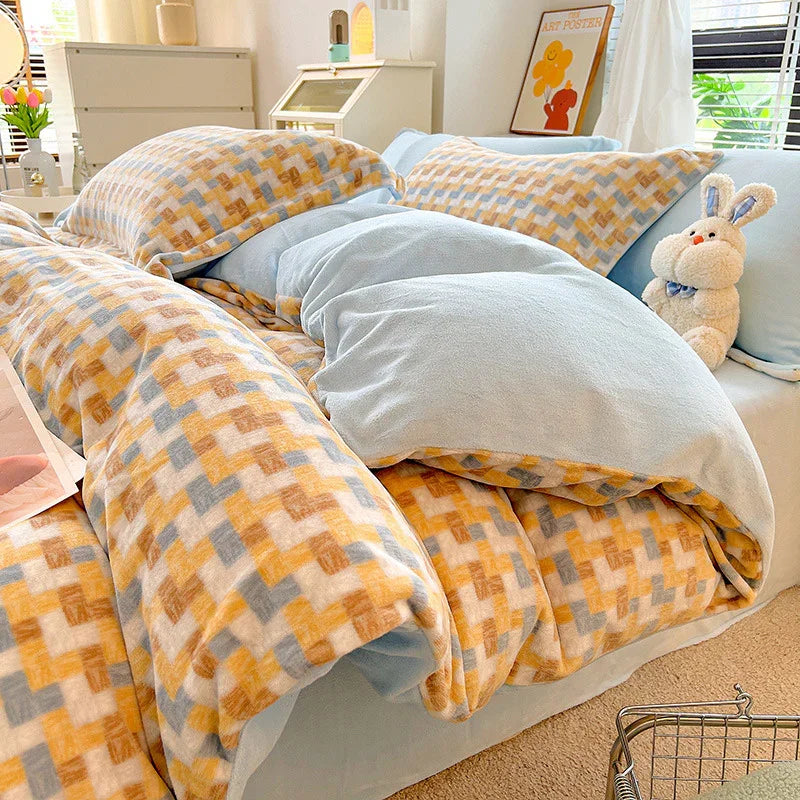 Nordic Striped Coral Fleece Duvet Cover Flannel Sheet Cover Three-piece Set EX-STOCK Canada