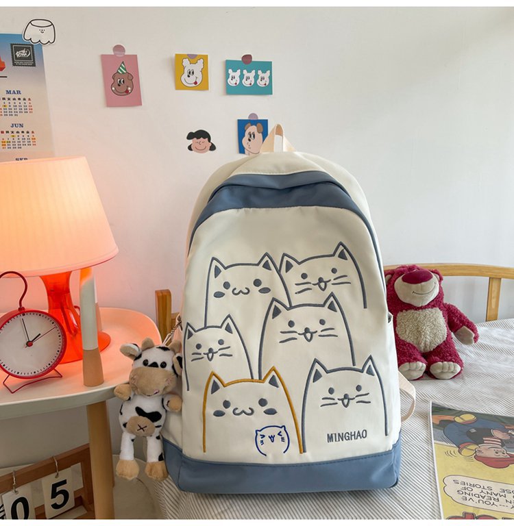 Korean Kawaii Cat School Backpack – Embroidered Nylon Bag, 5 Colours