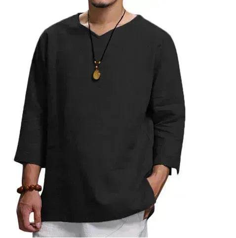 Loose Casual V-neck Top Cotton And Linen Long Sleeve Pullover Shirt Men's Shirt Top - EX-STOCK Canada
