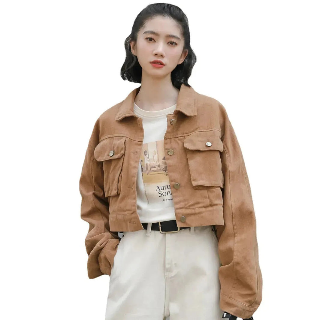 Single Breasted Long Sleeve Cargo Crop Denim Jacket Women - EX-STOCK CANADA