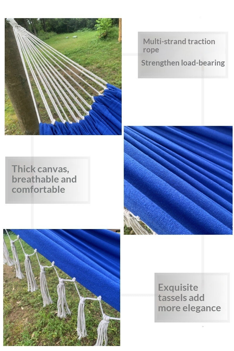 A collage showing a blue hammock outdoors, with text callouts highlighting thick canvas fabric, multi-strand traction rope, and decorative tassels.