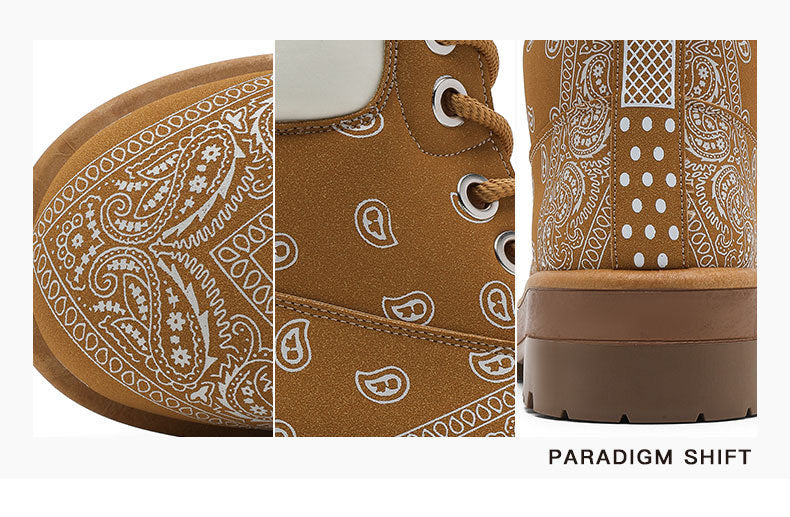 A three-panel close-up collage of a brown suede boot with white paisley bandana-style print details, including the side profile, lace area, and heel, on a white background with the text 'PARADIGM SHIFT' at the bottom right.