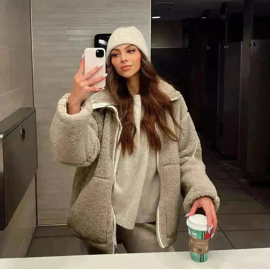 Neue Mode Lose Anti-Cashmere-Kapuze Reißverschluss Riesige Fleece Winterjacke