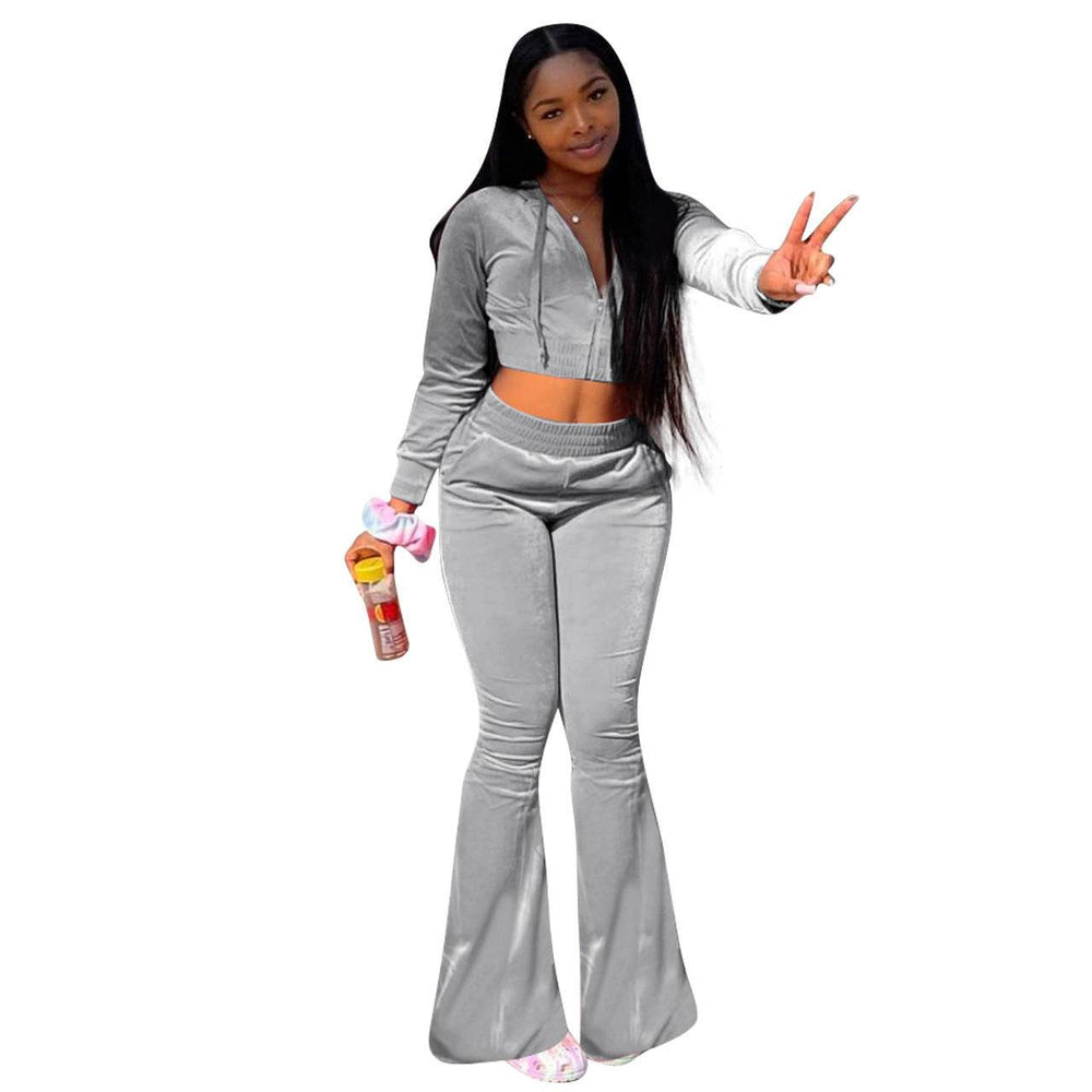 Women 2pcs Velvet Hoodie Wide leg Pant Crop top sweatsuit Athleisure Outfit - EX-STOCK Canada