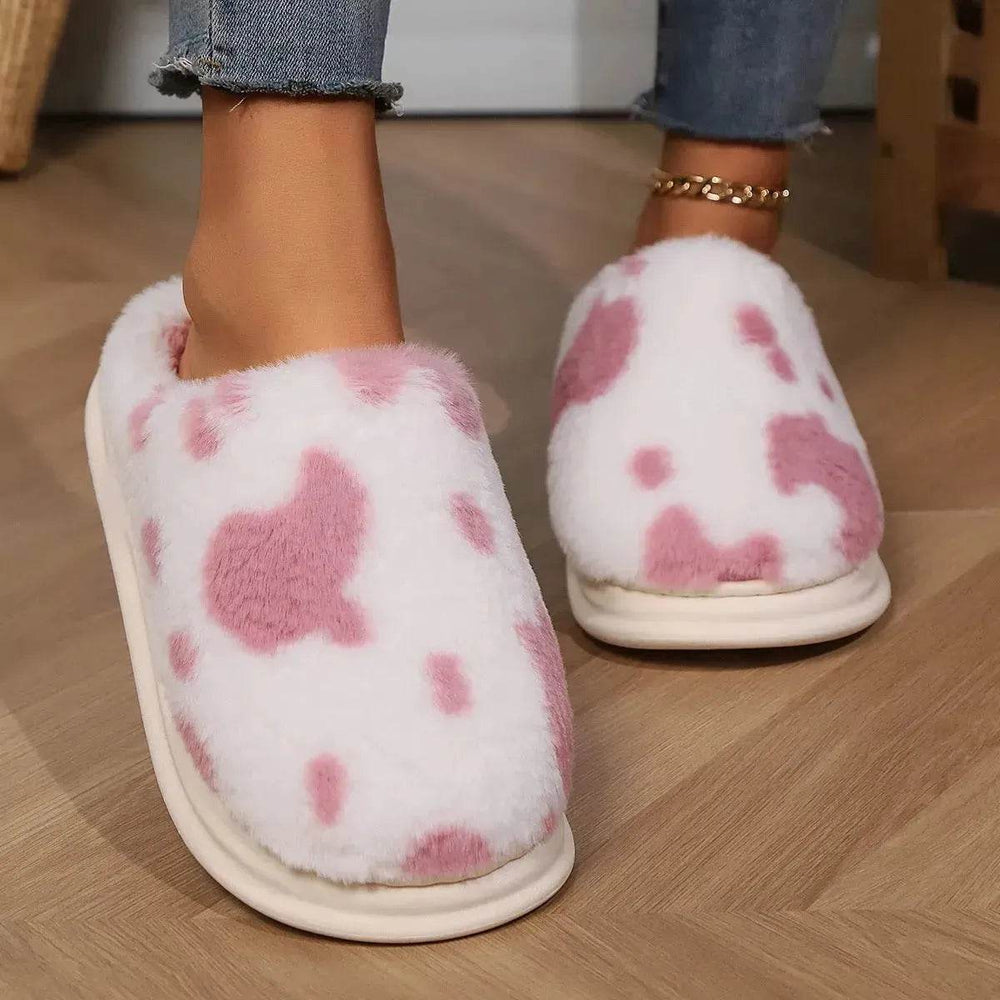 Cute Cow Spotted Plush Slippers Winter Warm Non-slip Bedroom Floor Fuzzy Slipper Couple Women House Shoes - EX-STOCK Canada