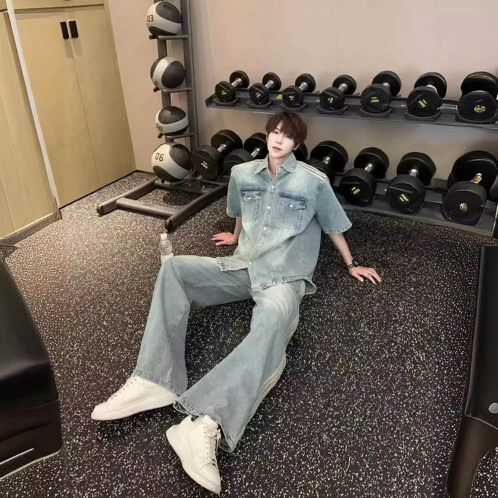 Retro Side Three Bar Stripes Short Sleeve Denim Shirt Outfit Men Jeans - EX-STOCK Canada