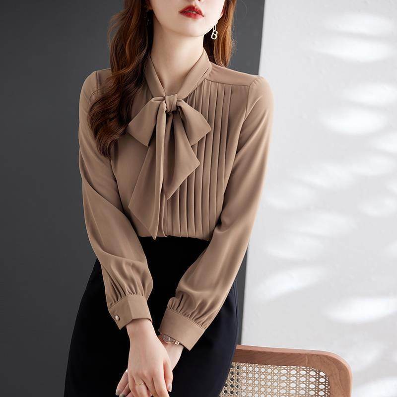Women neck tie Chiffon Long Sleeve Shirt For work - EX-STOCK Canada