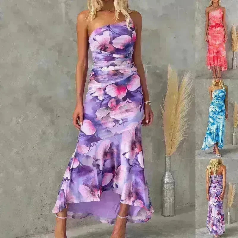 Flowers Print One-shoulder Midi Dress Summer INS Casual Suspender Women Dress - EX-STOCK CANADA
