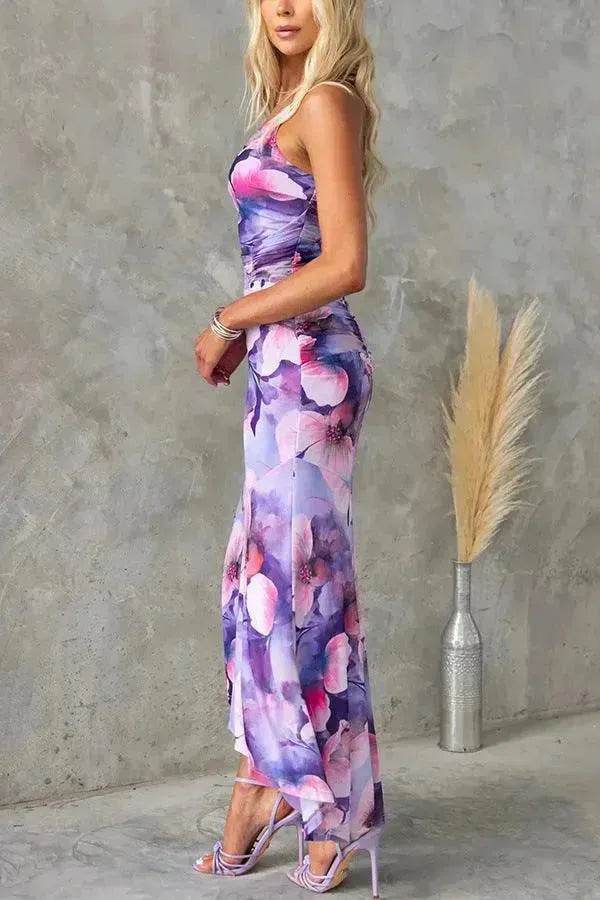 Flowers Print One-shoulder Midi Dress Summer INS Casual Suspender Women Dress - EX-STOCK Canada