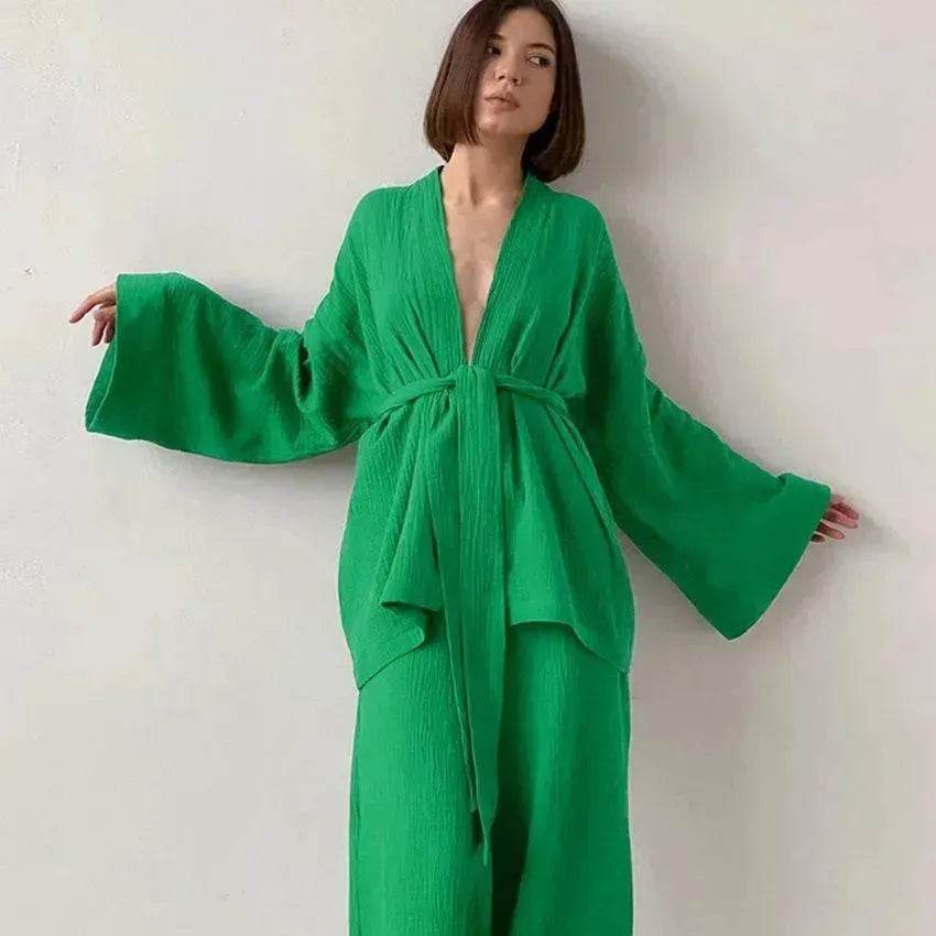 French Loose Kimono Jacket Trousers Double Gauze Ladies Loungewear Outfit set - EX-STOCK Canada
