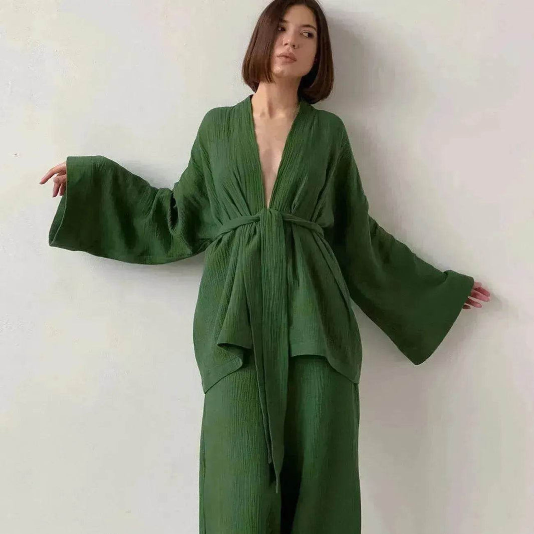 French Loose Kimono Jacket Trousers Double Gauze Ladies Loungewear Outfit set - EX-STOCK Canada
