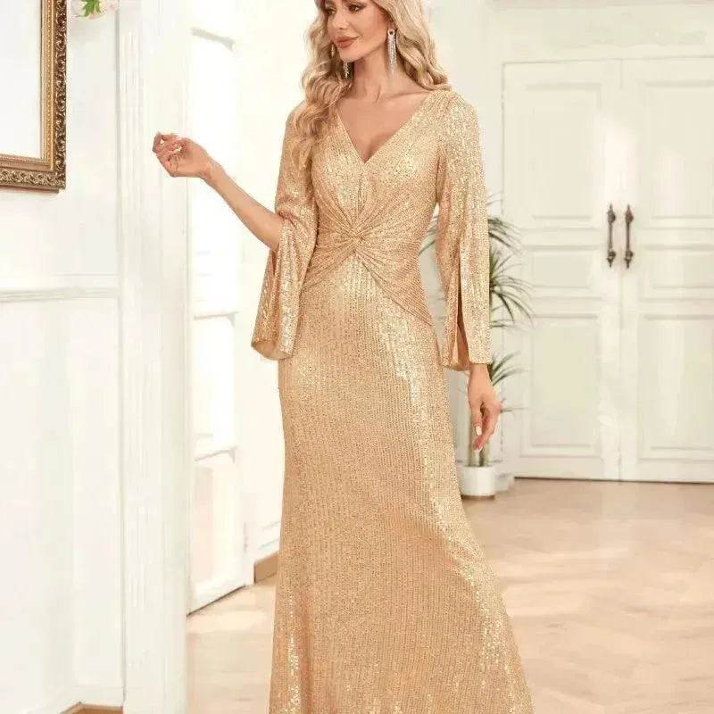 Gold Sequin Slim Fishtail Bridesmaid Banquet Party Wedding Evening Dress - EX-STOCK Canada