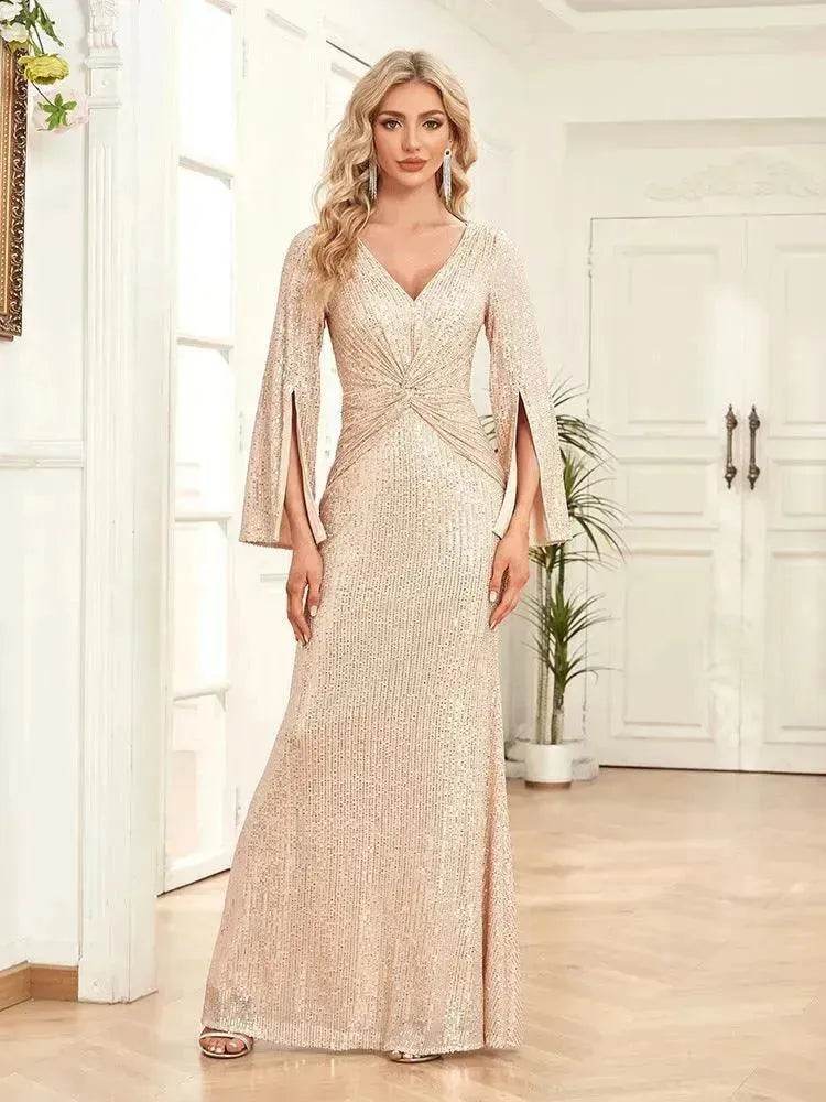Gold Sequin Slim Fishtail Bridesmaid Banquet Party Wedding Evening Dress - EX-STOCK Canada