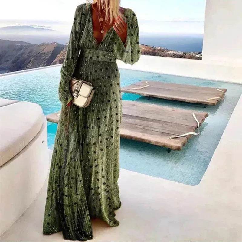 Green Gradient Spot Print Fashion Temperament Deep V Swing Dress - EX-STOCK Canada