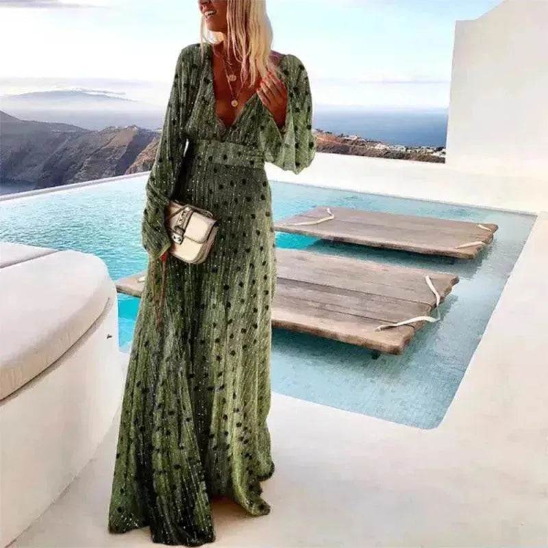 Green Gradient Spot Print Fashion Temperament Deep V Swing Dress - EX-STOCK Canada