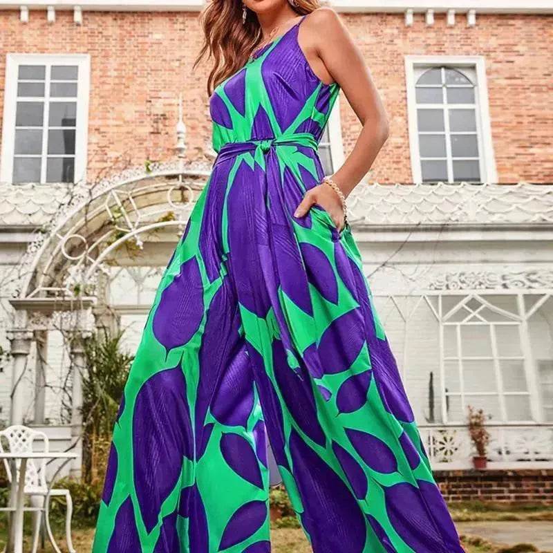 Green Printing Casual Lace Up Jumpsuit - EX-STOCK Canada