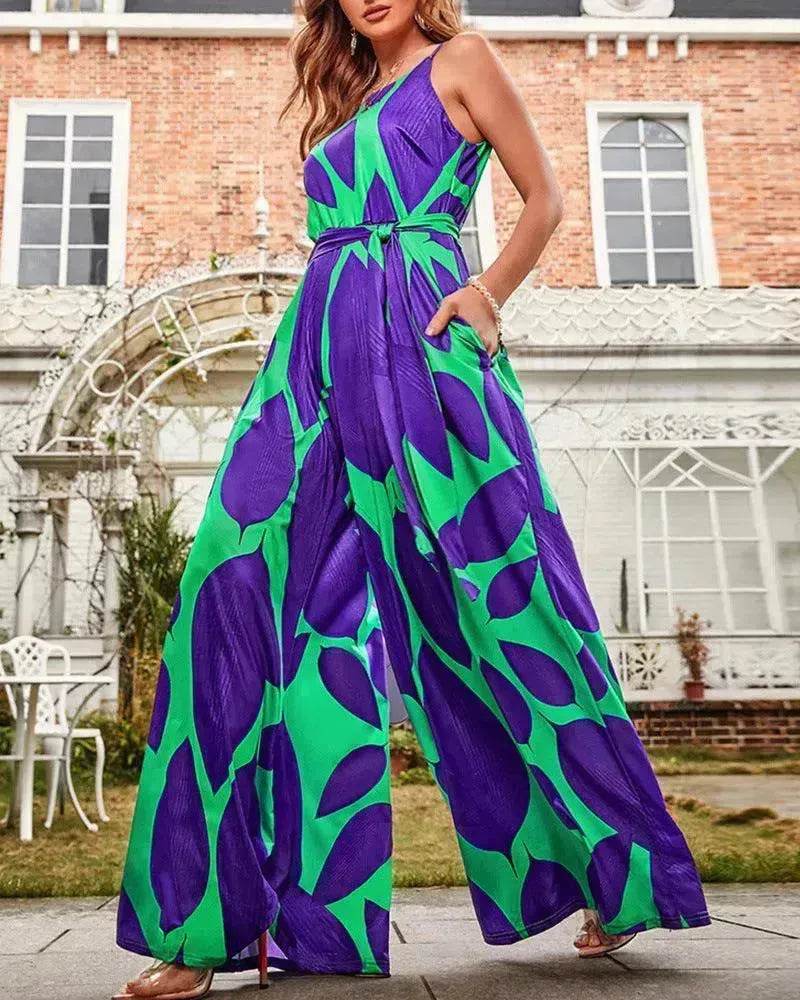 Green Printing Casual Lace Up Jumpsuit - EX-STOCK Canada