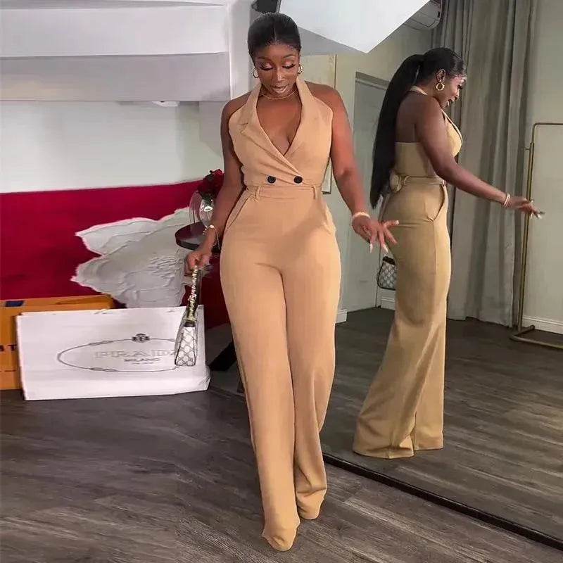Halter Backless High Waist Pocket Casual Jumpsuit - EX-STOCK Canada