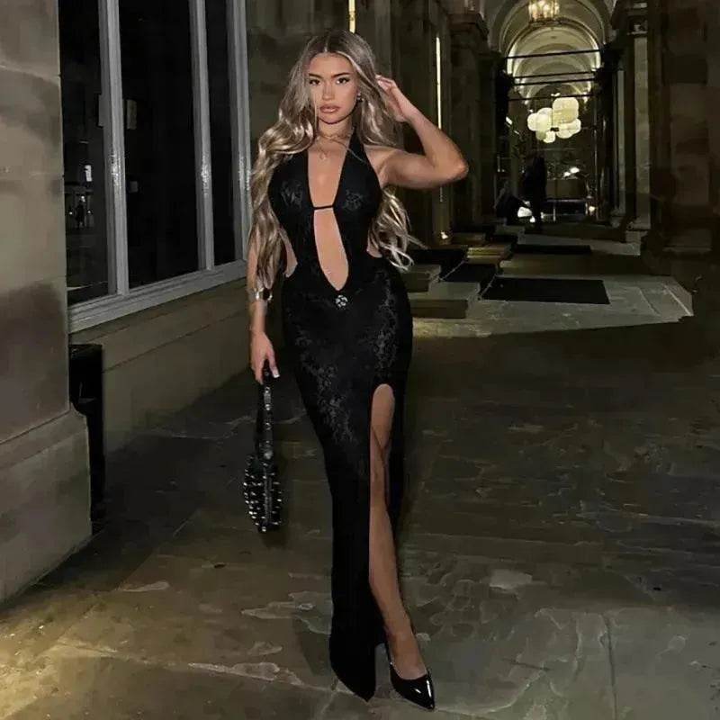 Halter Lace-up Deep V-neck Hollow-out High Waist Slit Slim Fit Dress | Black / L Halter Lace-up Deep V-neck Hollow-out High Waist Slit Slim Fit Dress | Black / L