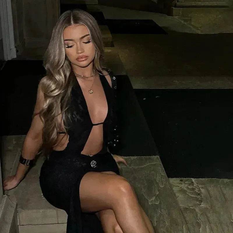 Halter Lace-up Deep V-neck Hollow-out High Waist Slit Slim Fit Dress - EX-STOCK Canada