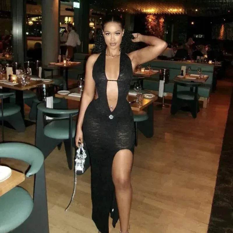 Halter Lace-up Deep V-neck Hollow-out High Waist Slit Slim Fit Dress - EX-STOCK Canada