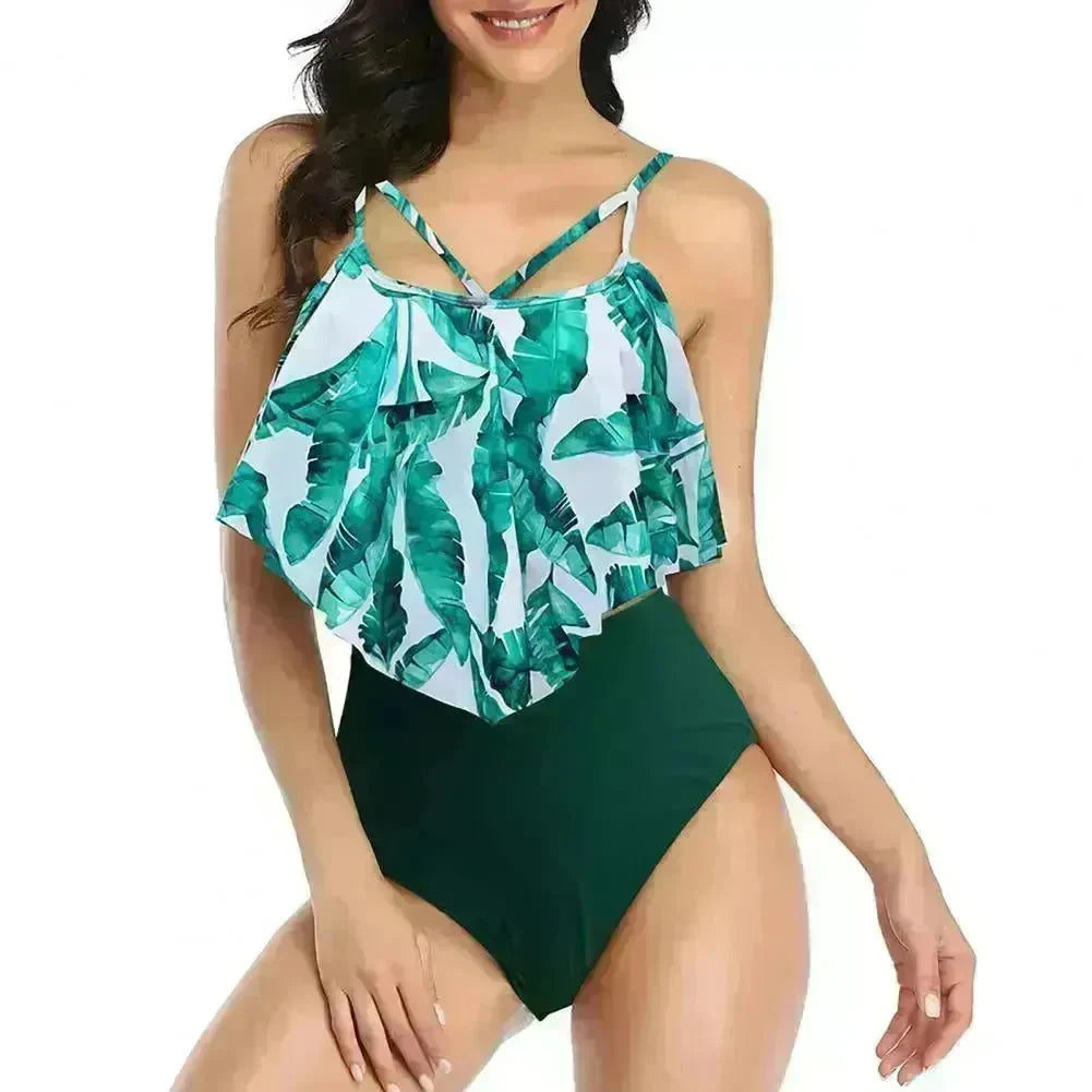 High Waist Split Swimsuit with Double Layer Lotus Leaf Design - EX-STOCK CANADA