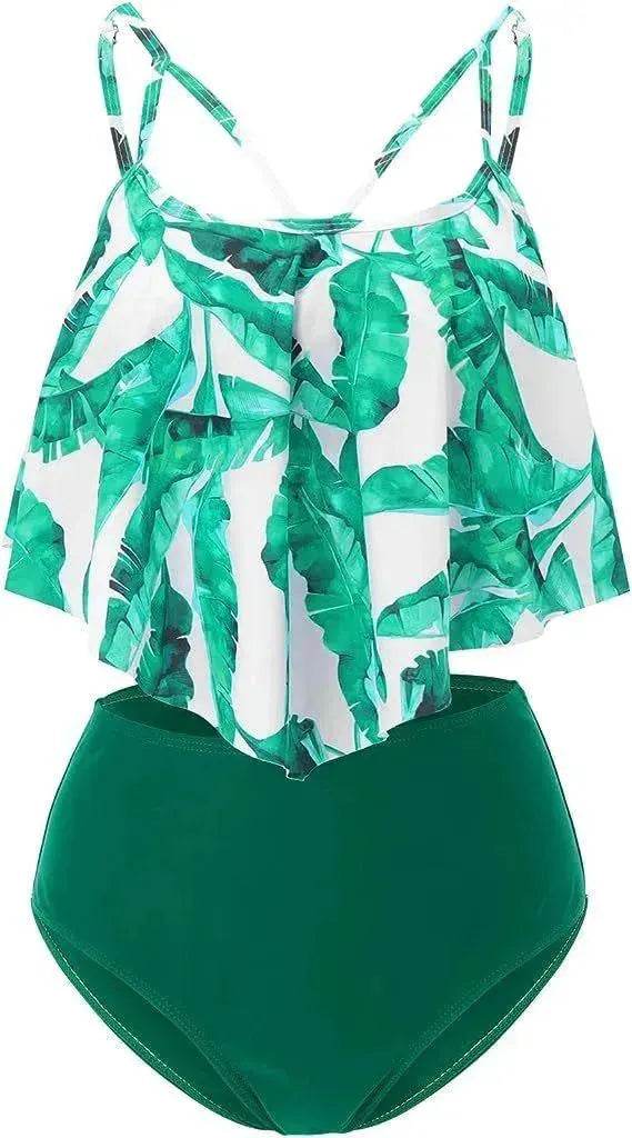 High Waist Split Swimsuit with Double Layer Lotus Leaf Design - EX-STOCK Canada