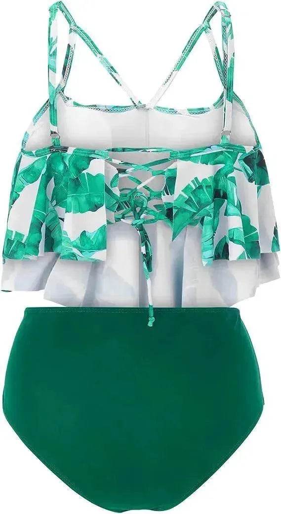 High Waist Split Swimsuit with Double Layer Lotus Leaf Design - EX-STOCK Canada