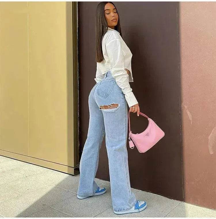 High Waist Stretch Ripped Hem Slit Denim Trousers For Women - EX-STOCK Canada