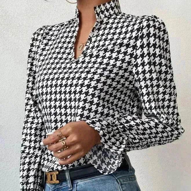 Houndstooth V-neck Long Sleeve Top Women - EX-STOCK Canada