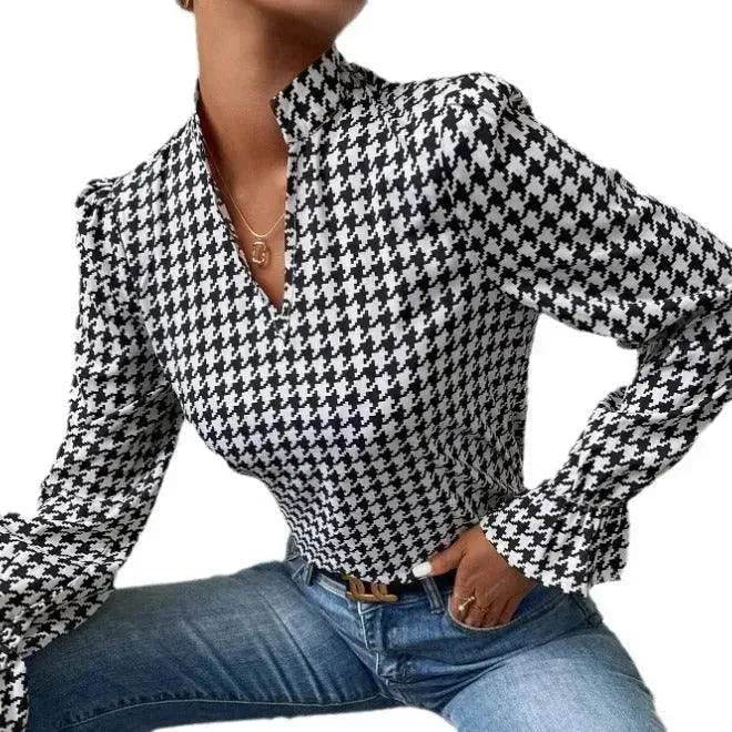 Houndstooth V-neck Long Sleeve Top Women - EX-STOCK Canada