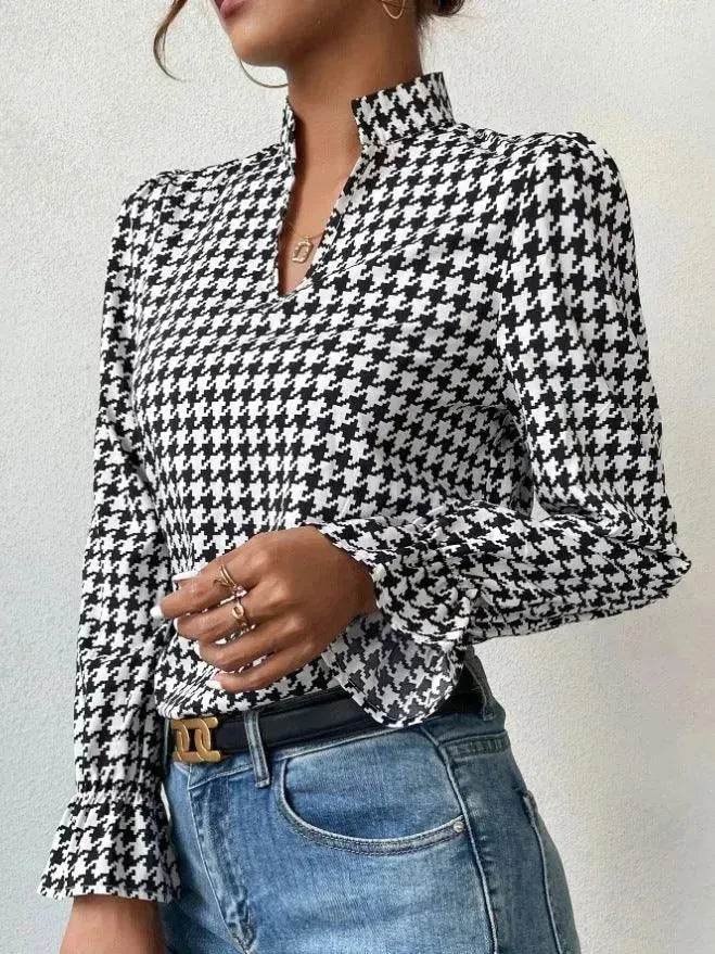 Houndstooth V-neck Long Sleeve Top Women - EX-STOCK Canada
