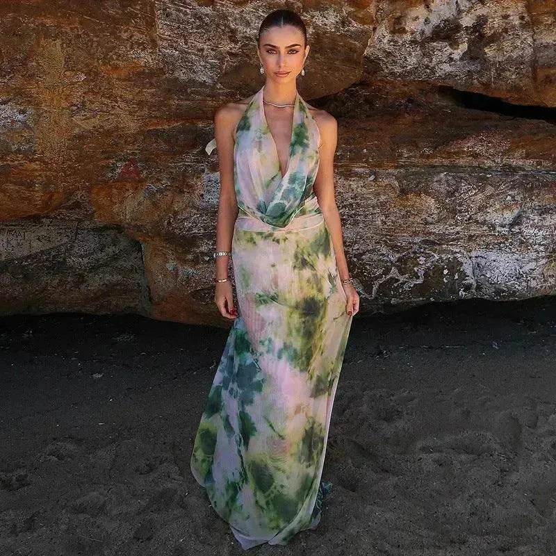 Ink Printed Deep-V Backless Pleated Skirt Suit - EX-STOCK Canada