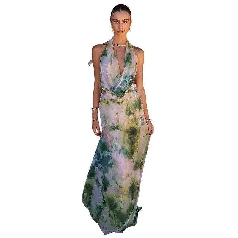 Ink Printed Deep-V Backless Pleated Skirt Suit - EX-STOCK Canada