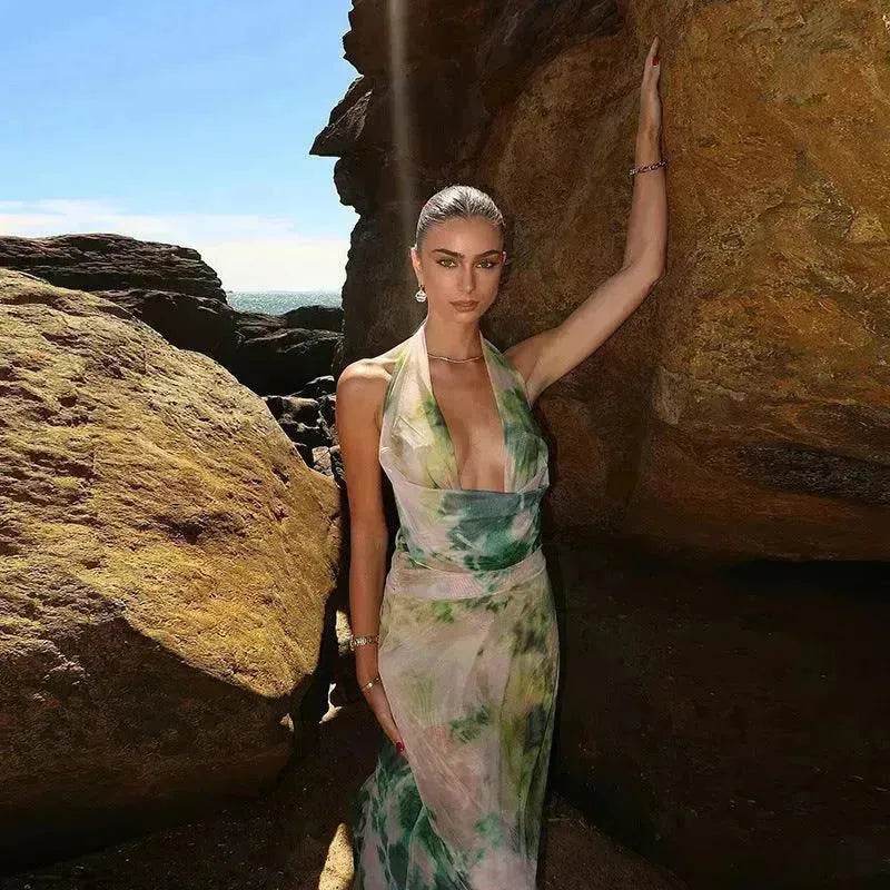 Ink Printed Deep-V Backless Pleated Skirt Suit - EX-STOCK Canada