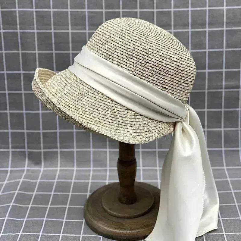 Japanese Style Curling Front Big Back Small Satin Ribbon Bucket Hat Summer Straw Hat Female Bucket Hat Sun-proof Beach Hat Tide - EX-STOCK Canada