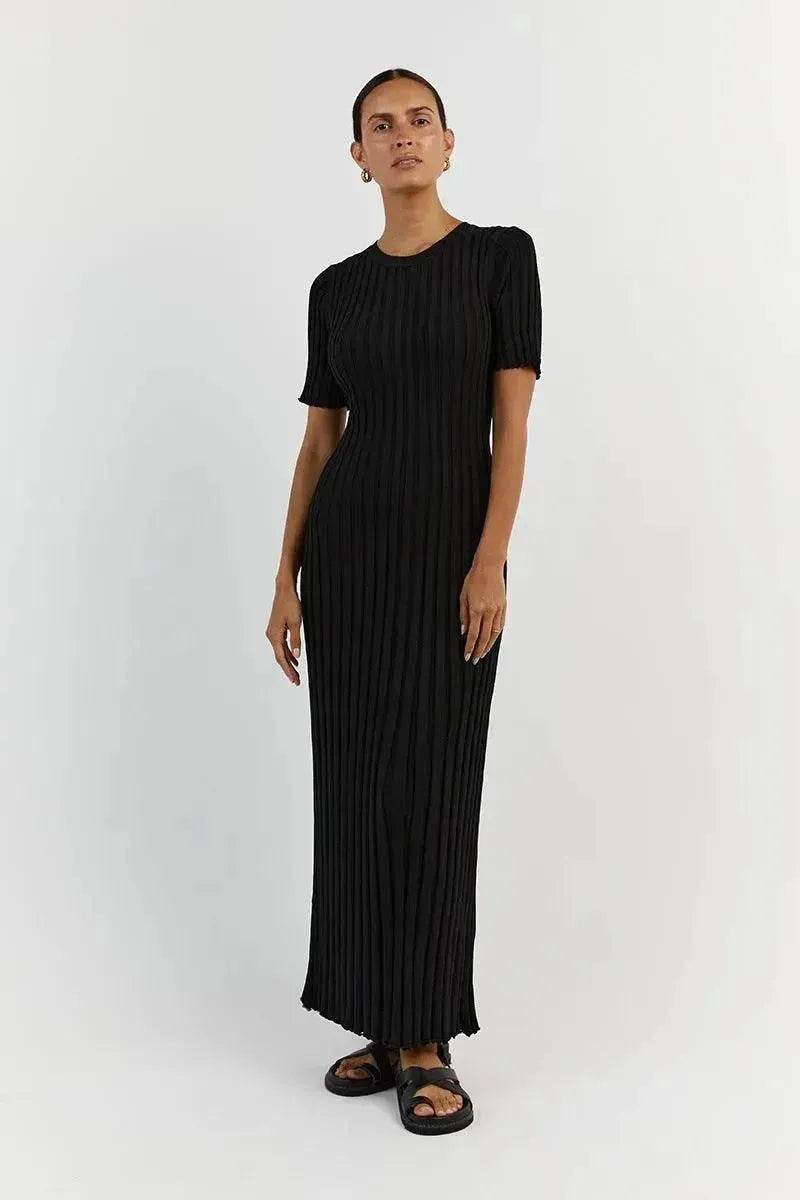 Knit Casual Tight Waist Round Neck Big Pit Stripe Slimming Knitted Long Dress - EX-STOCK Canada