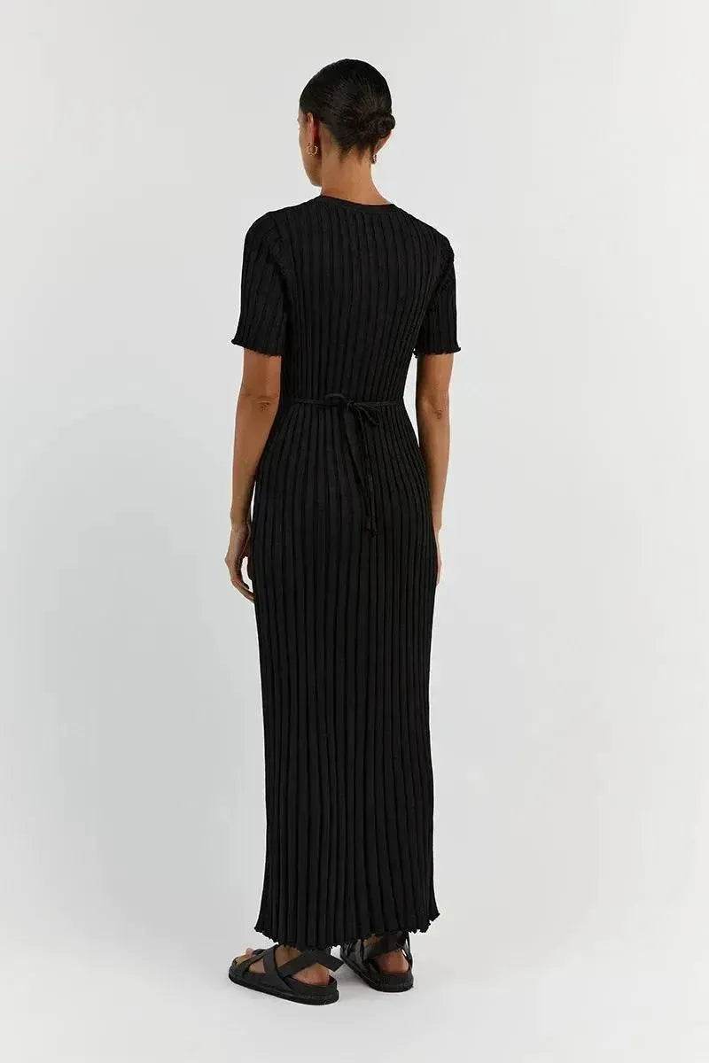 Knit Casual Tight Waist Round Neck Big Pit Stripe Slimming Knitted Long Dress - EX-STOCK Canada