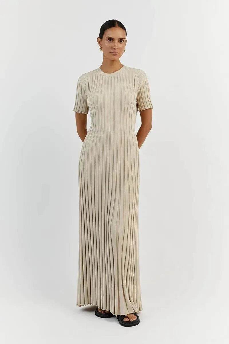 Knit Casual Tight Waist Round Neck Big Pit Stripe Slimming Knitted Long Dress - EX-STOCK Canada