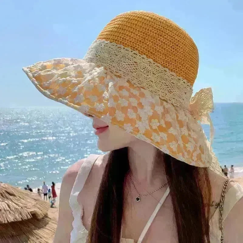 Lace Bow Straw Fisherman Hat Summer Outdoor Sunhat With Large Brim Anti-UV Sunshade And Face Protection Hat - EX-STOCK CANADA