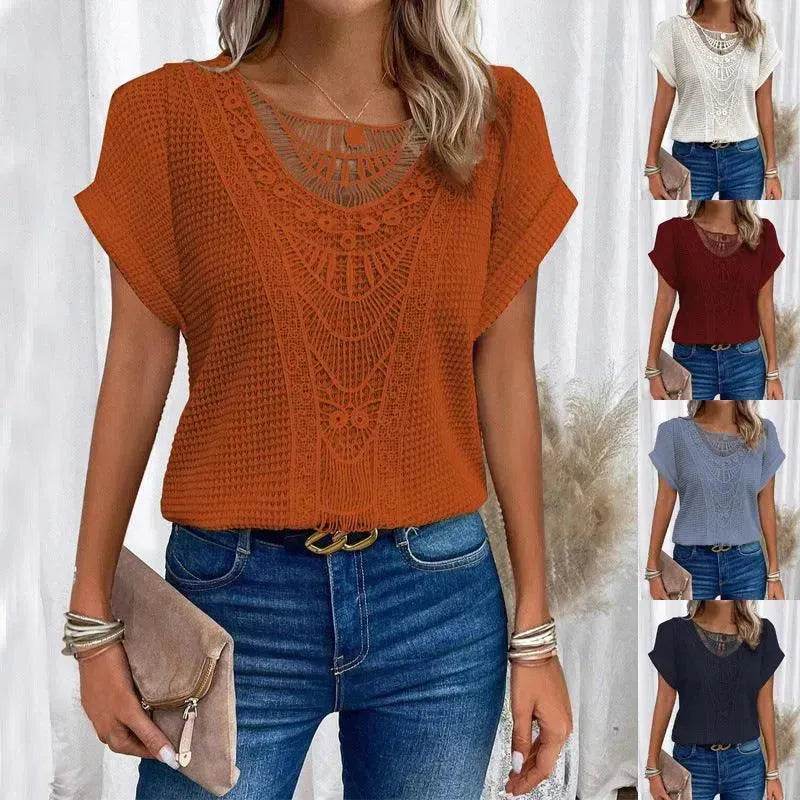 Lace Patchwork Short-sleeved T-shirt Women's Clothing - EX-STOCK Canada